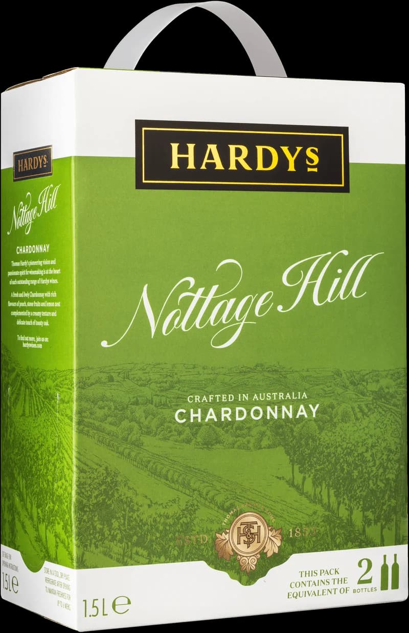 Flaska av Hardys Nottage Hill vitt vin mot ljus bakgrund
