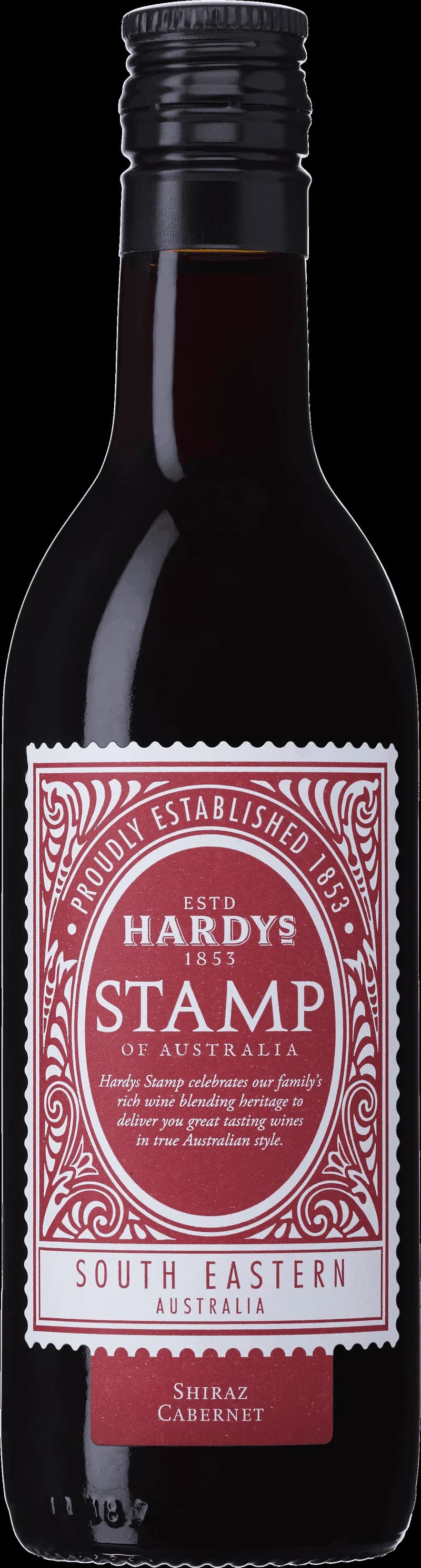 Flaska av Hardys Stamp rött vin mot neutral bakgrund