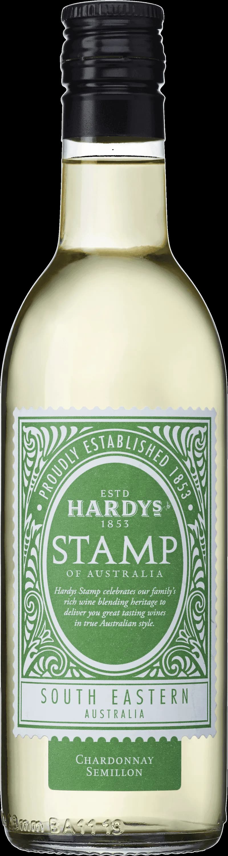 Flaska av Hardys Stamp vitt vin mot ljus bakgrund.