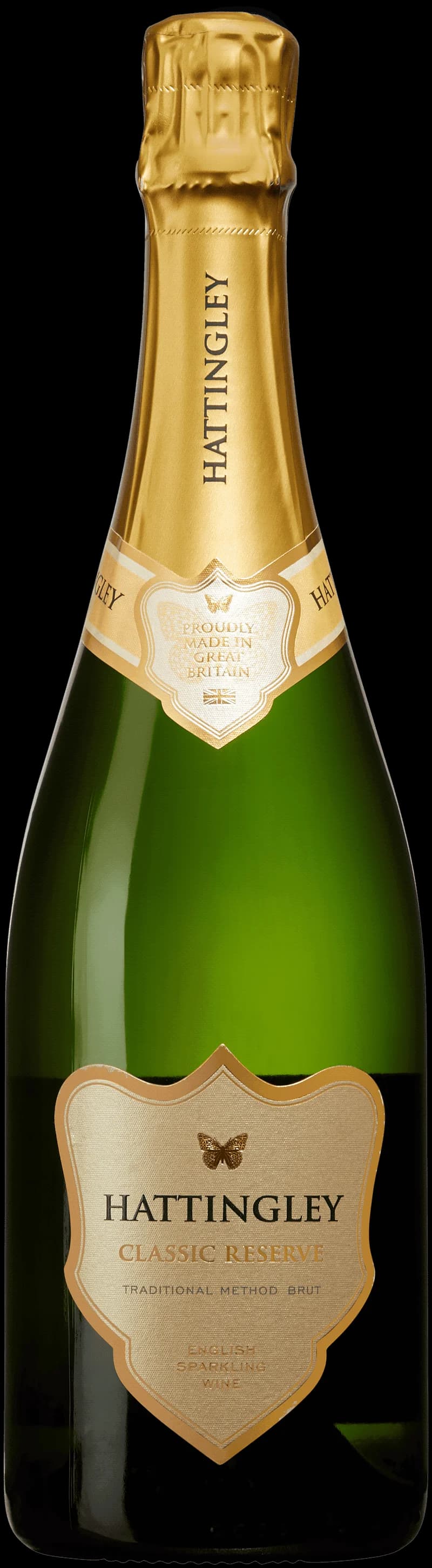 Flaska med Hattingley Valley mousserande vin mot ljus bakgrund.