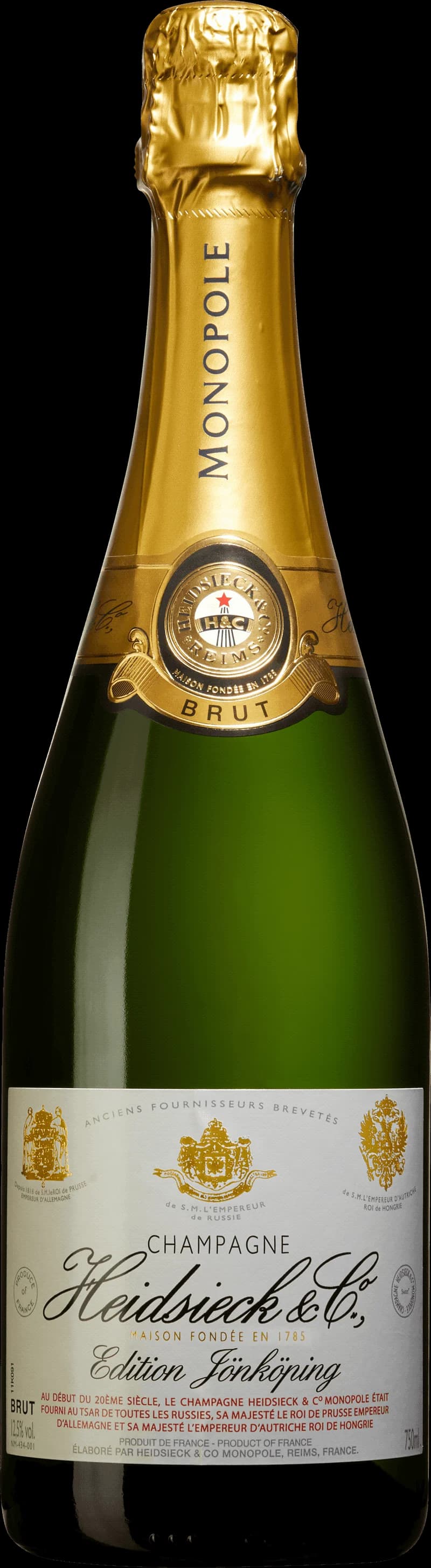 Flaska av Heidsieck & Co mousserande vin mot neutral bakgrund.