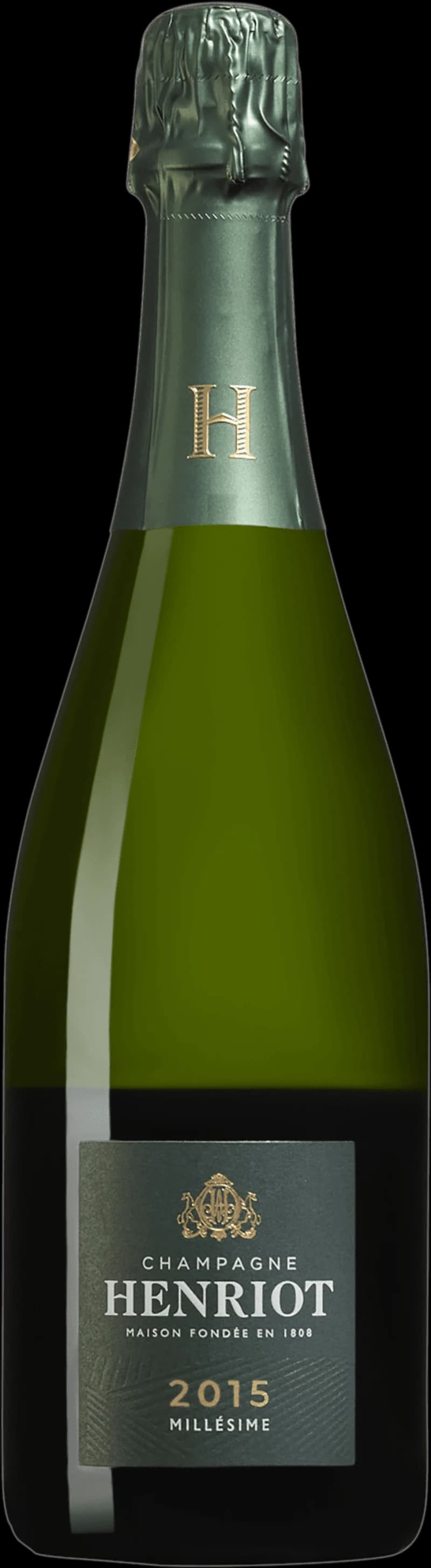 Flaska av Henriot mousserande vin mot en mörk bakgrund.