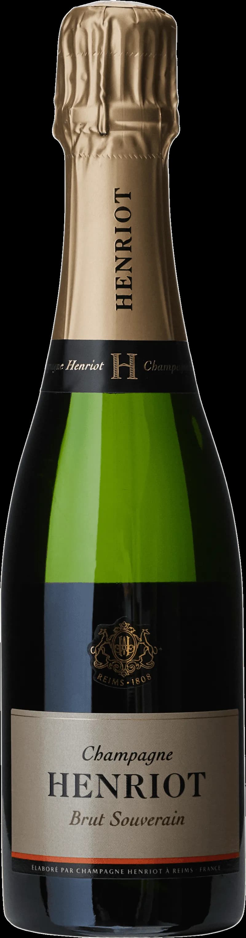 Flaska av Henriot mousserande vin på vit bakgrund.