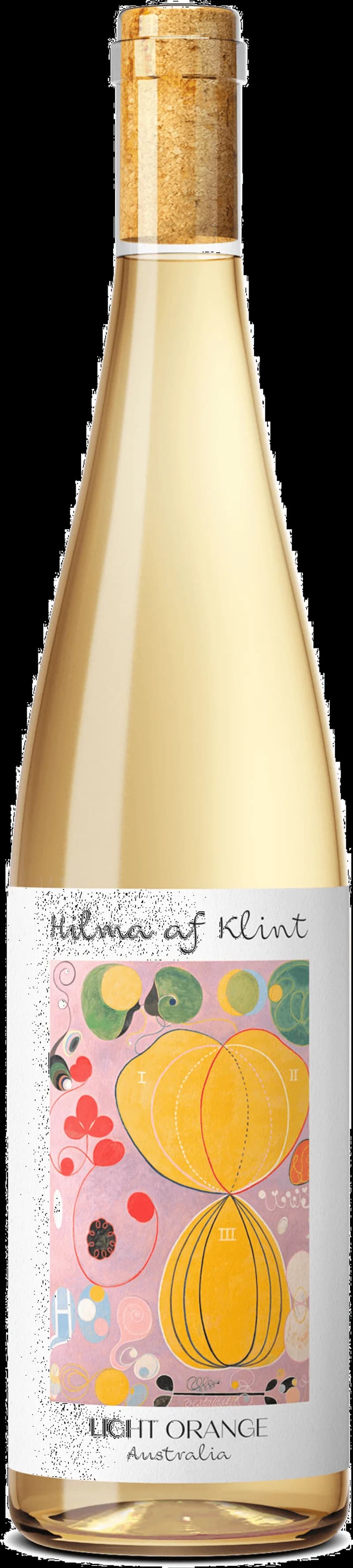 Hilma af Klint-inspirerad etikett på en flaska vitt vin.