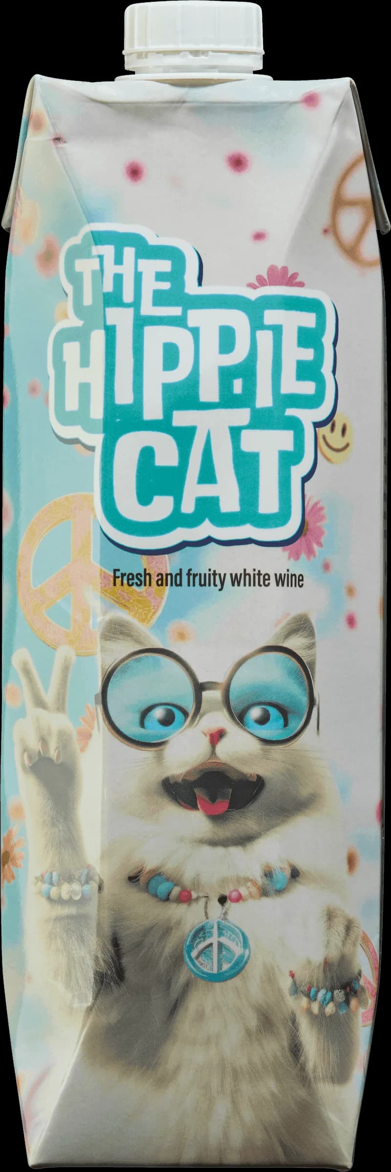 En hippie-katt som håller ett glas vitt vin framför en färgglad bakgrund.