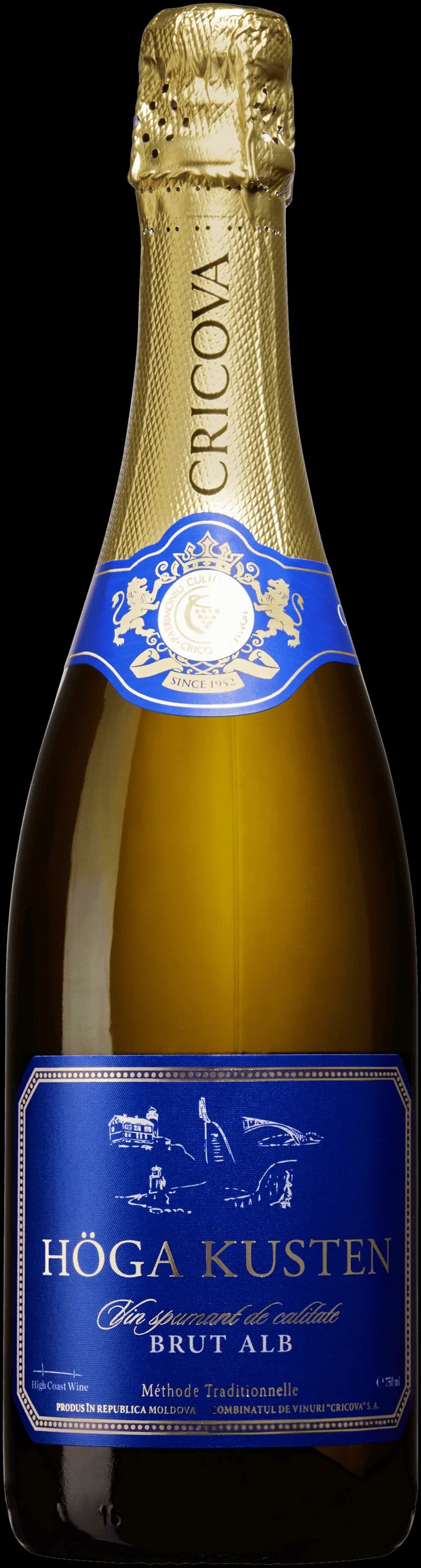 Flaska med mousserande vin från Höga Kusten, serverad i champagneglas.