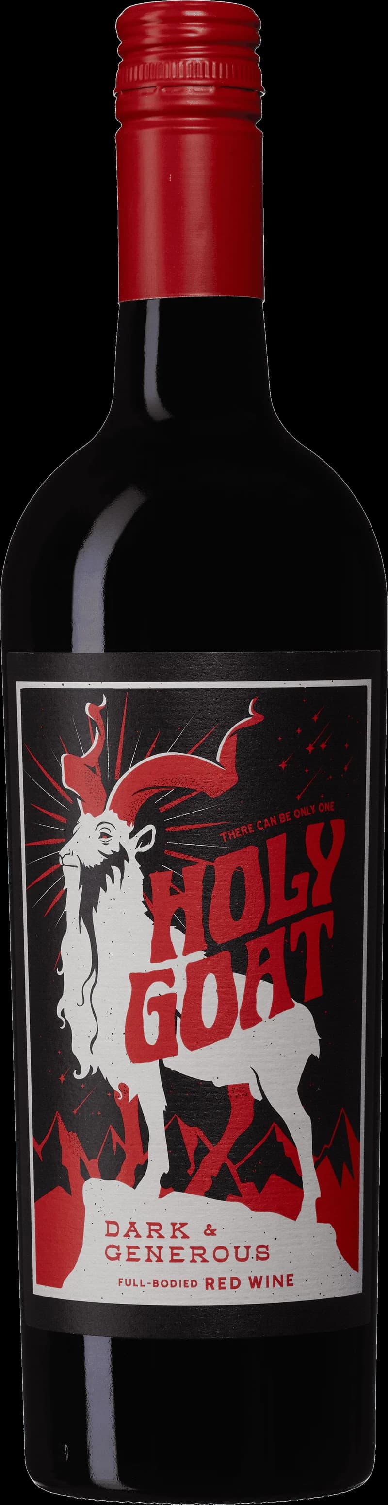 Flaska av Holy Goat rött vin mot mörk bakgrund