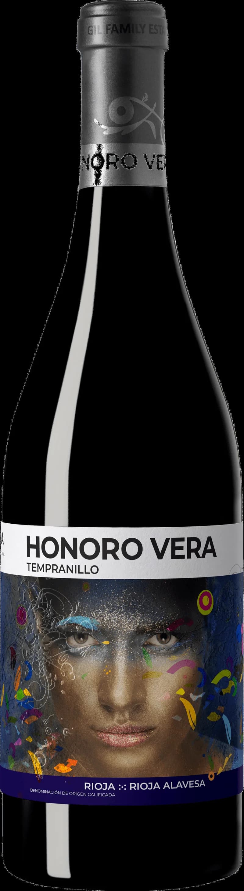 Flaska av rött vin Honoro Vera mot en mörk bakgrund.