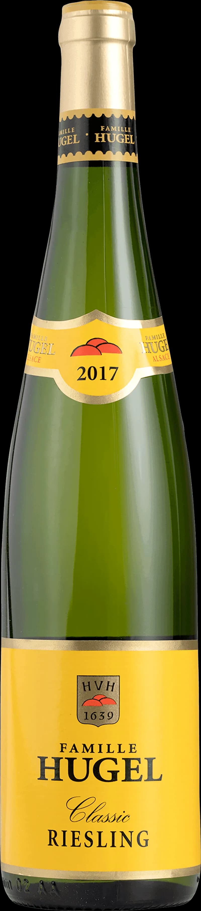 Flaska med Hugel vitt vin mot ljus bakgrund