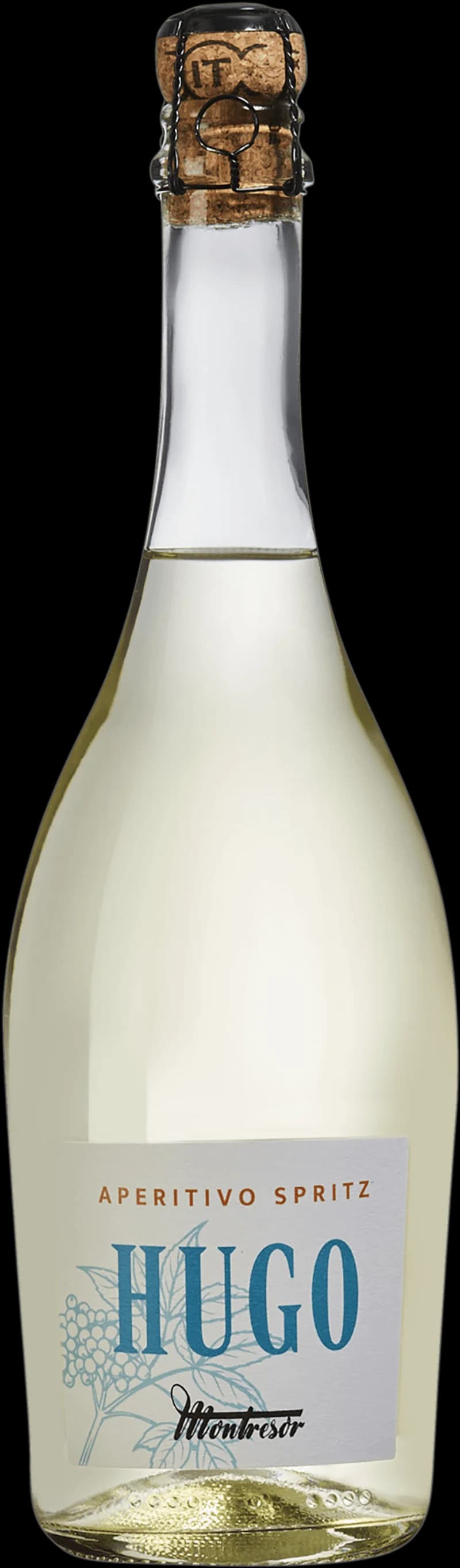 Flaska med Hugo mousserande vin på en vit bakgrund.