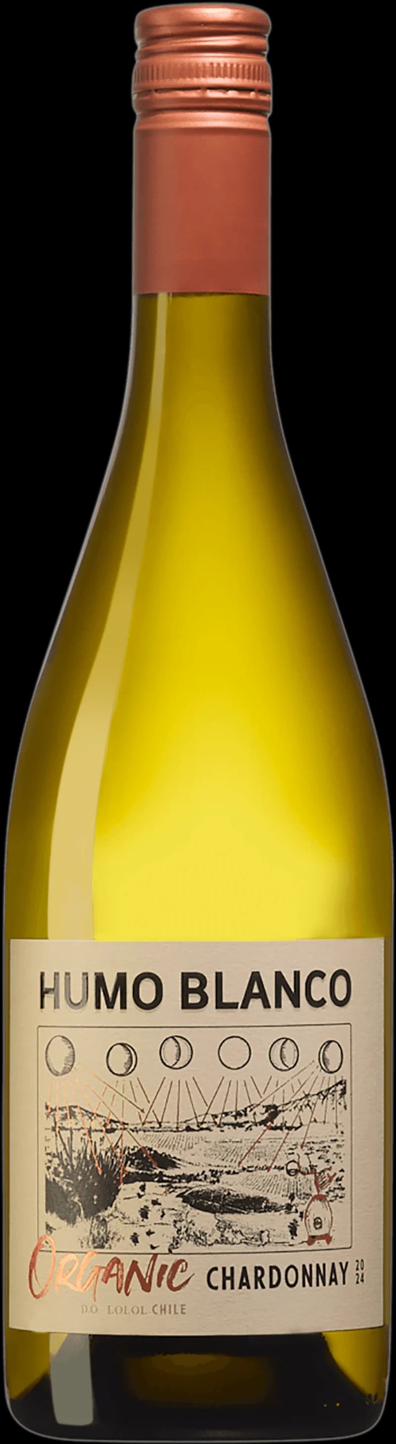 Flaska av Humo Blanco Edition Limitada vitt vin mot ljus bakgrund.