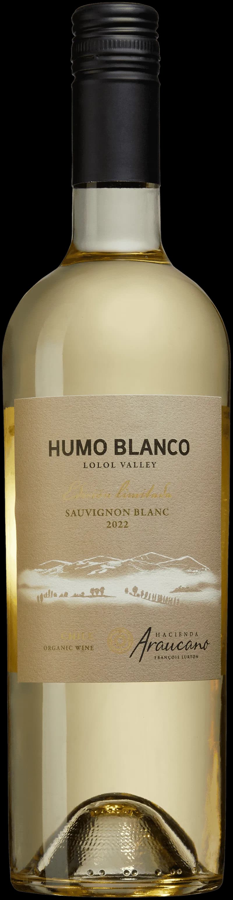 Flaska av Humo Blanco vitt vin mot en neutral bakgrund.