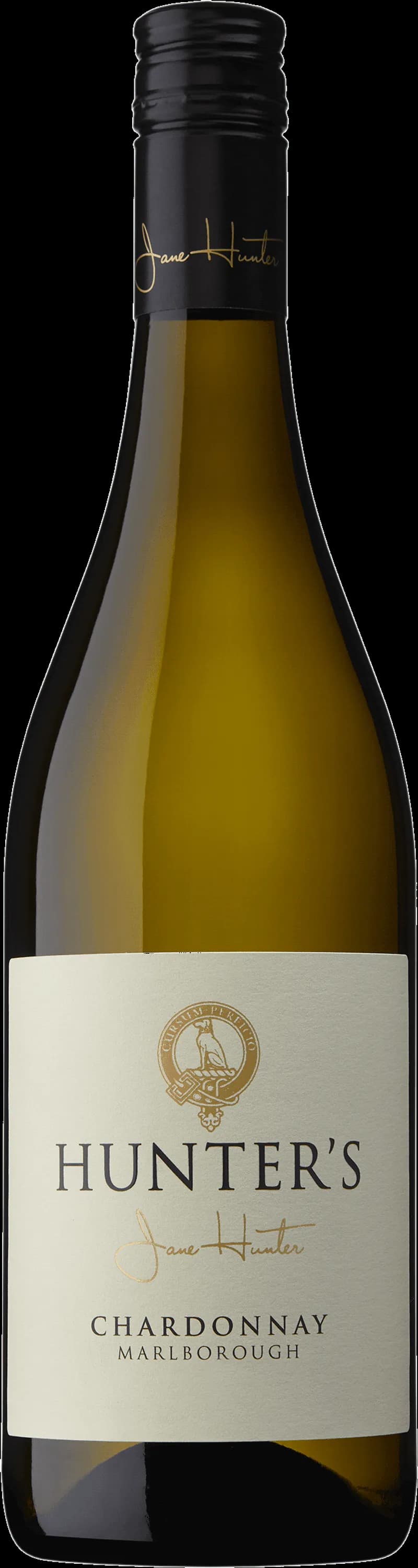 Flaska av Hunter's Chardonnay vitt vin mot ljus bakgrund.