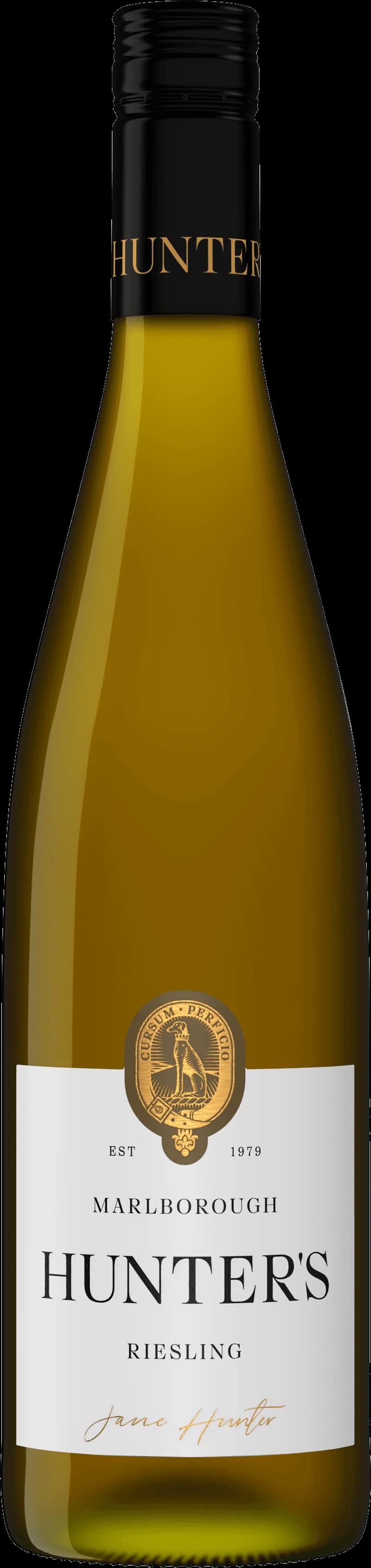 Flaska med Hunter's vitt vin mot en neutral bakgrund.