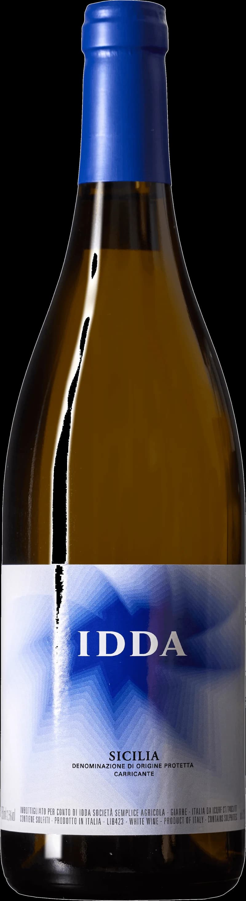 Flaska med Idda Etna Bianco vitt vin från Sicilien, etikett med vulkanmotiv.