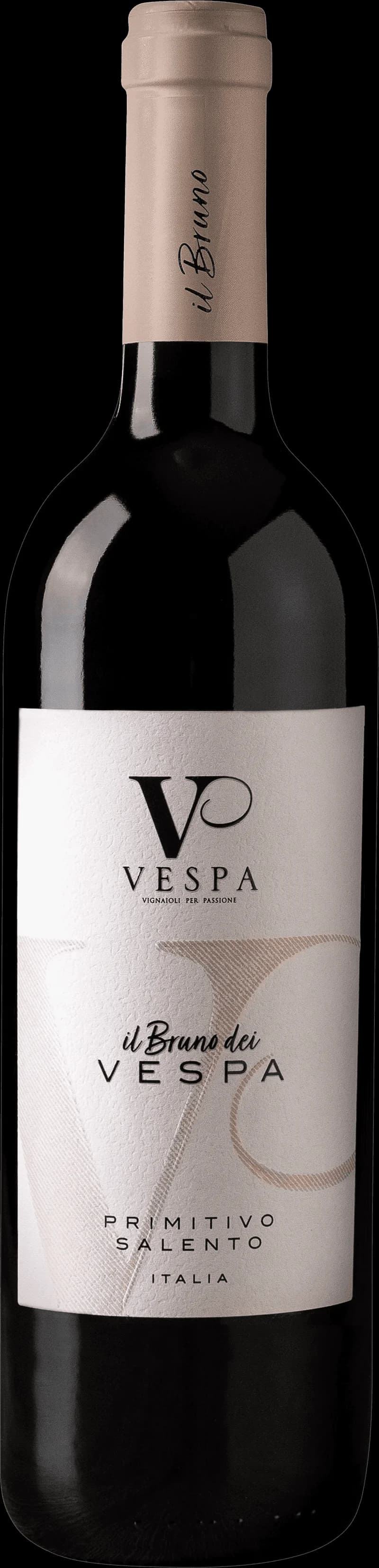 Flaska av Il Bruno dei Vespa rött vin på en träbänk.