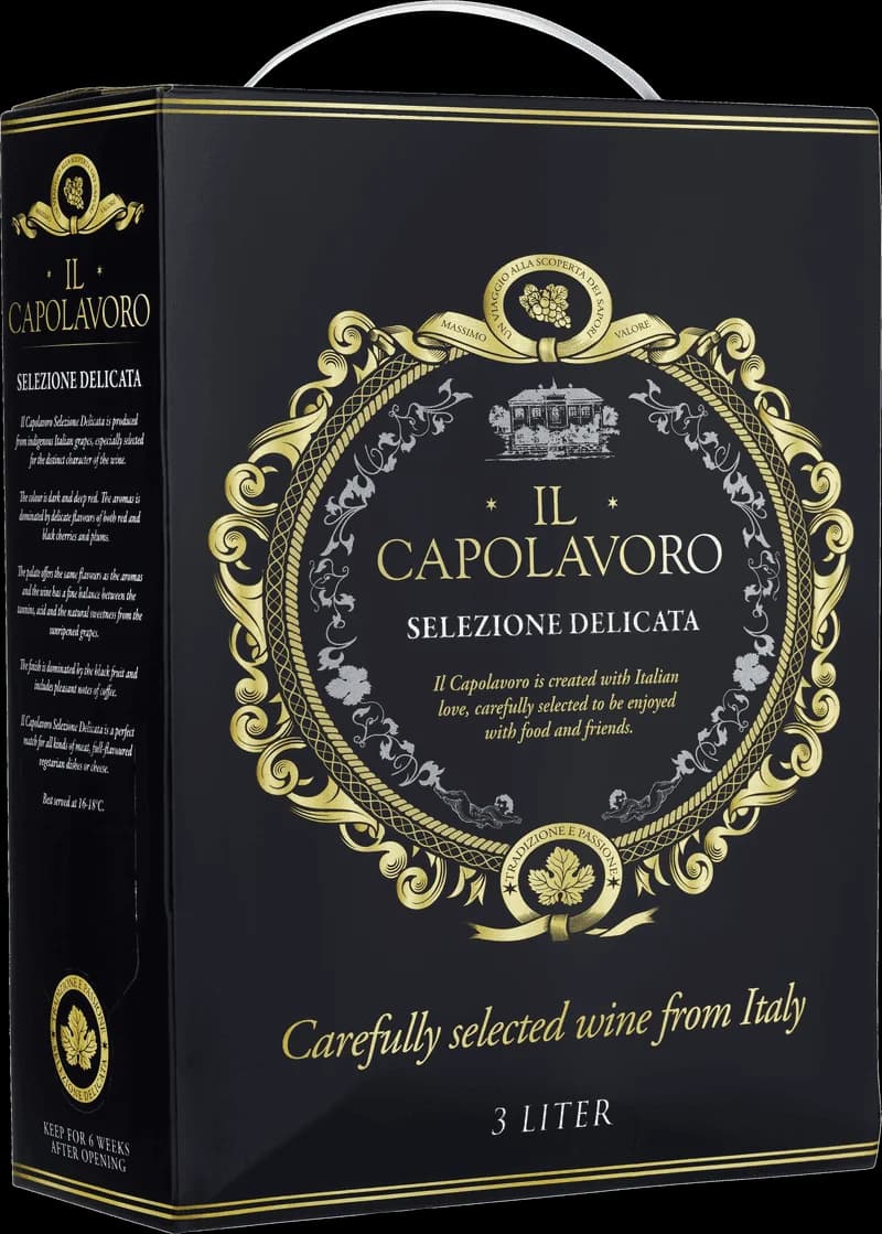 Il Capolavoro rött vin i en elegant flaska med etikett.