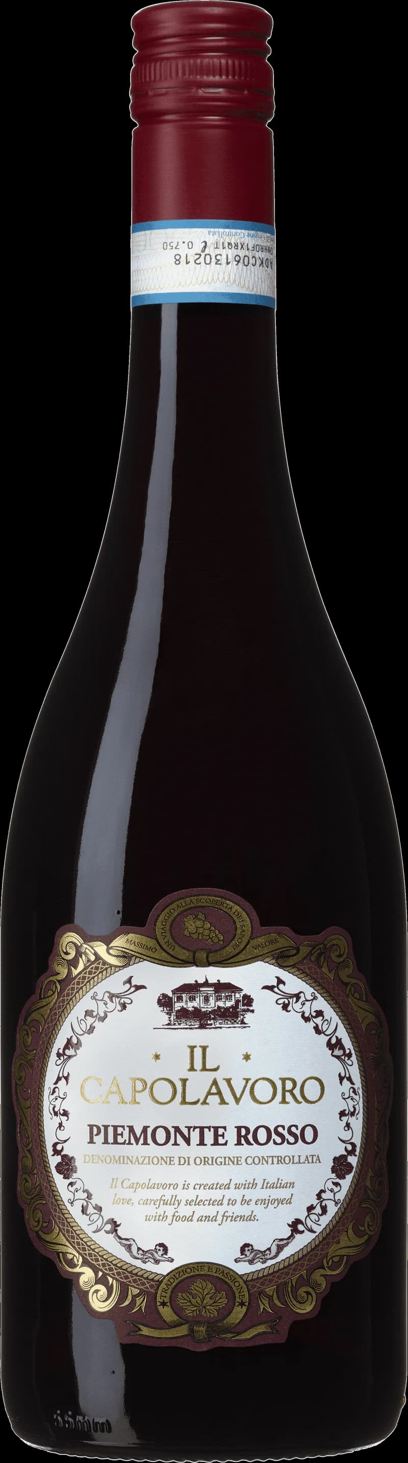 Flaska av Il Capolavoro rött vin mot mörk bakgrund