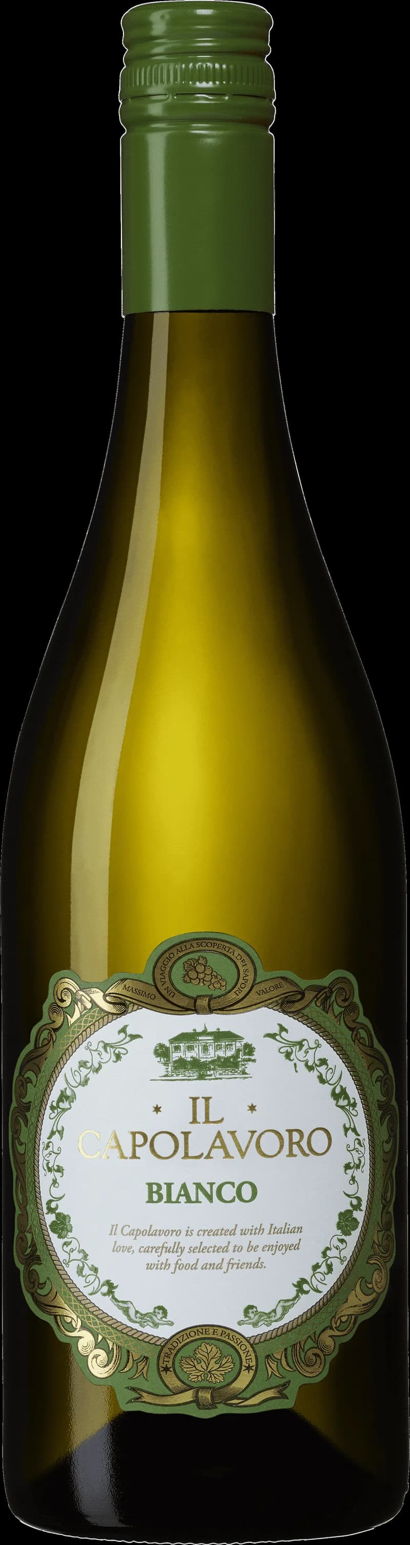 Flaska av Il Capolavoro vitt vin mot en neutral bakgrund.