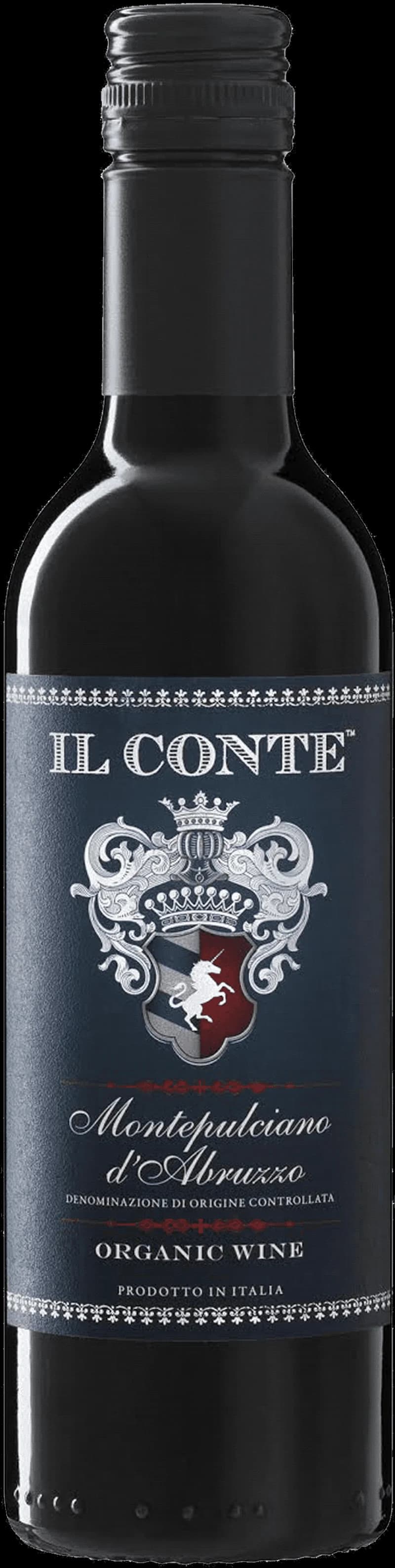 Flaska av Il Conte rött vin mot en mörk bakgrund.