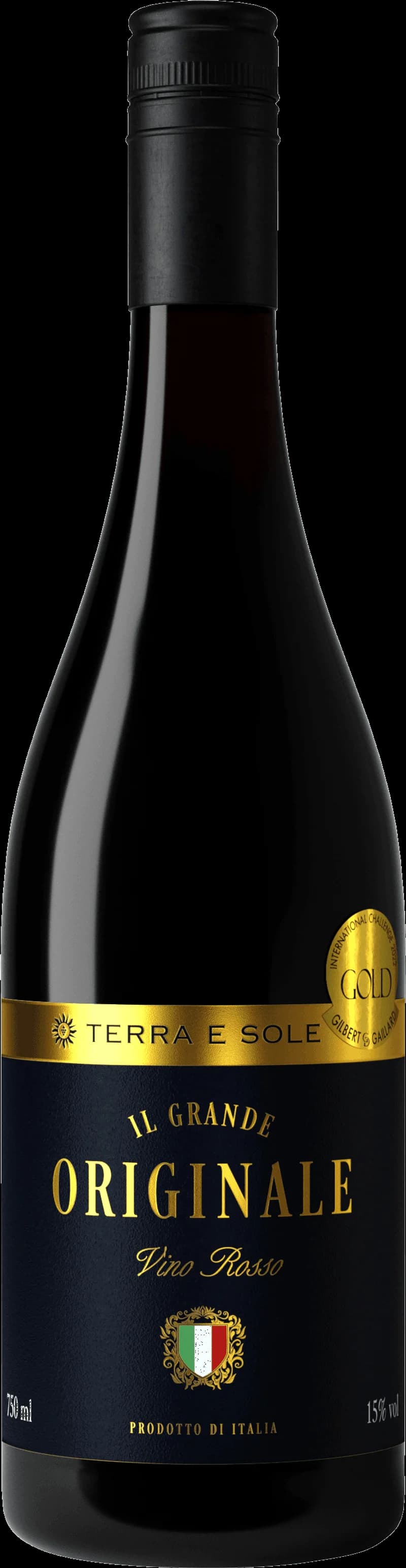 Flaska av Il Grande Originale rött vin mot neutral bakgrund