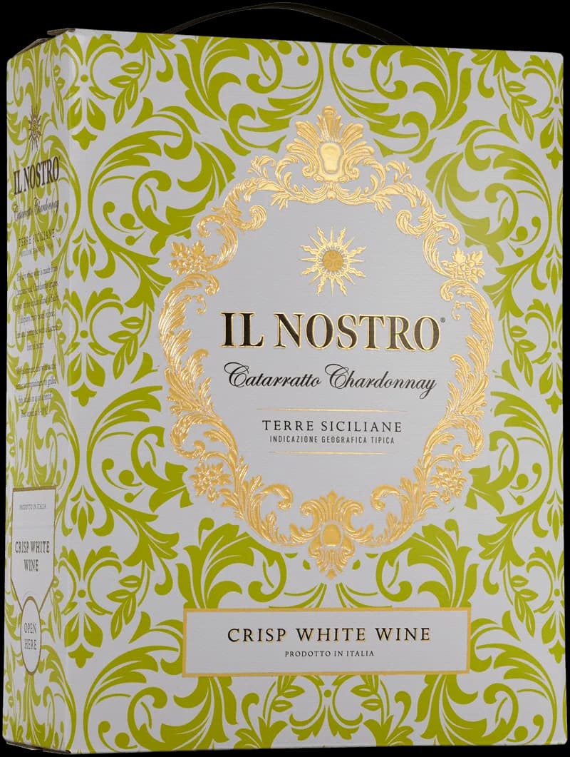 Flaska av Il Nostro Vitt Vin, ett vitt vin med elegant etikett.