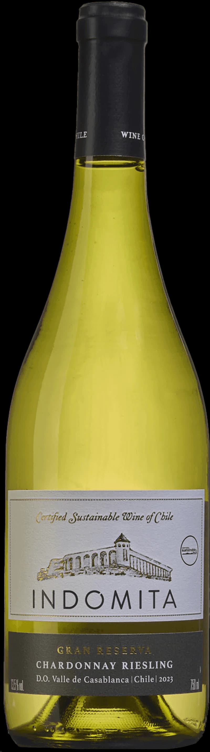 Flaska Indomita Gran Reserva vitt vin mot neutral bakgrund