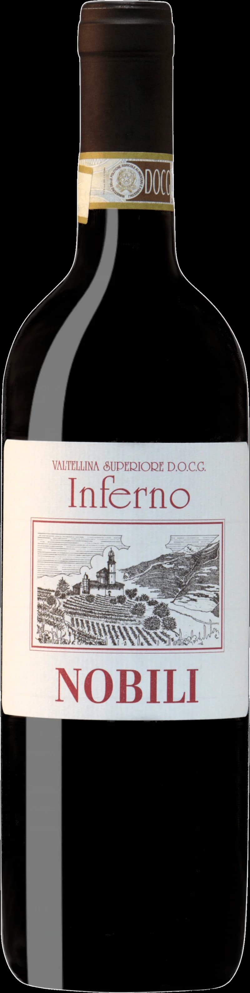 Flaska av rött vin Inferno Riserva på en mörk bakgrund.