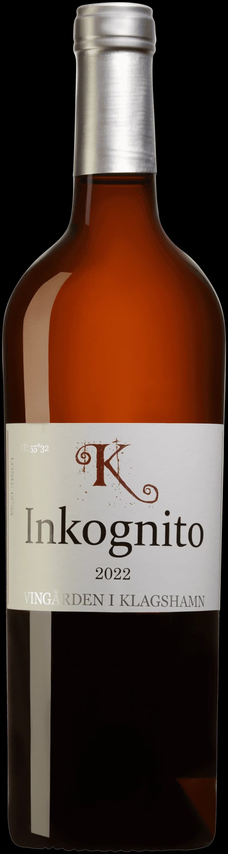 Flaska av vitt vin Inkognito på en vit bakgrund.