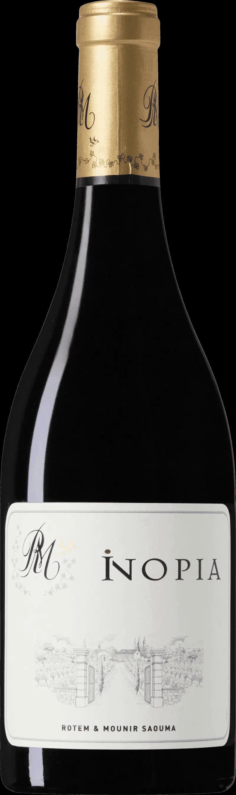 Flaska av Inopia Côtes du Rhône Villages Rouge rött vin mot neutral bakgrund.