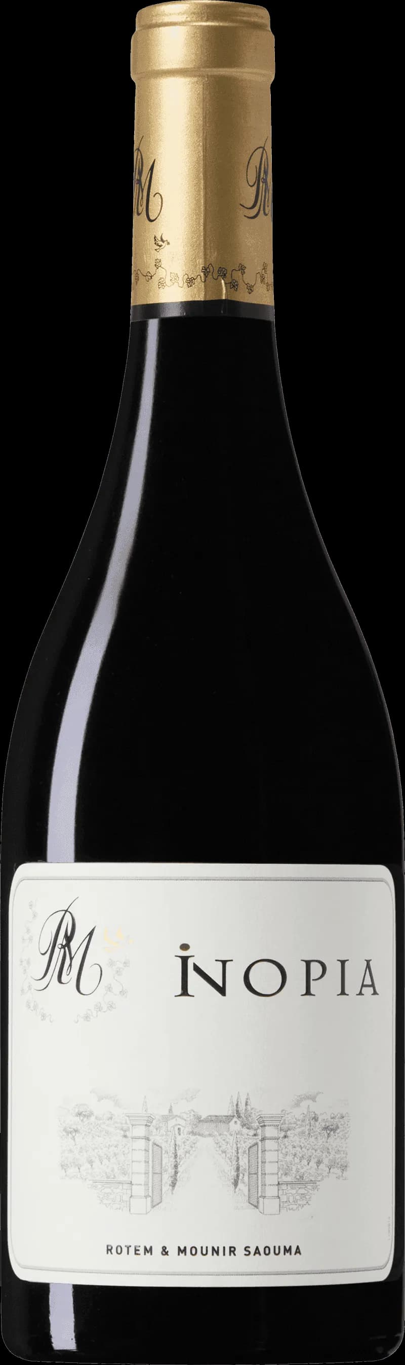 Flaska av rött vin Inopia Côtes du Rhône Villages Rouge mot neutral bakgrund.