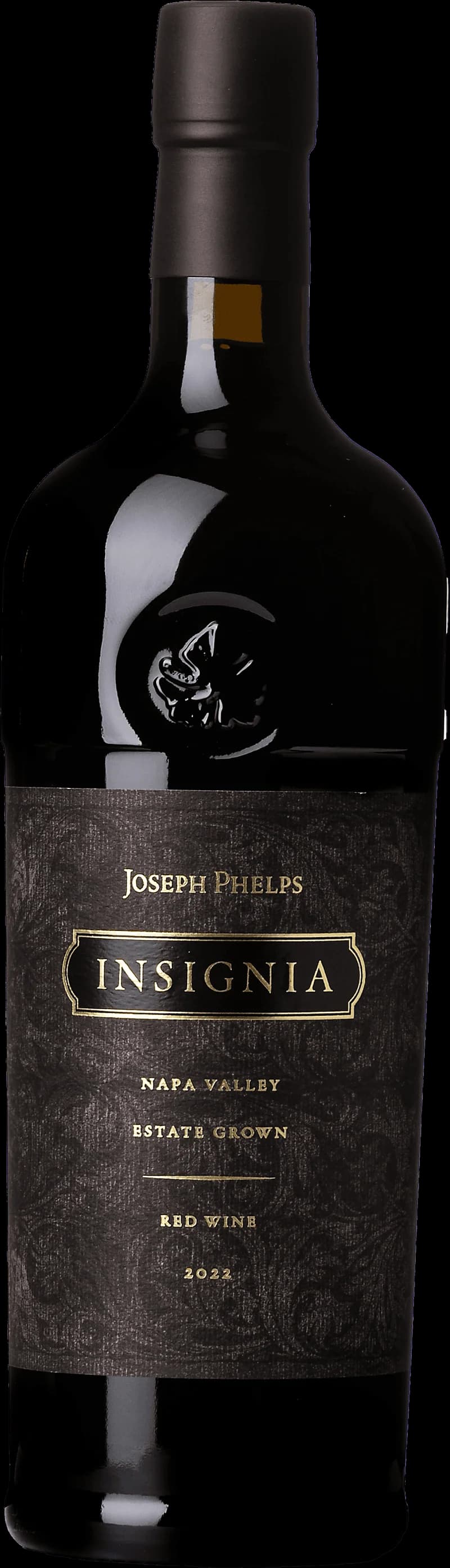 Flaska av Insignia rött vin mot neutral bakgrund.