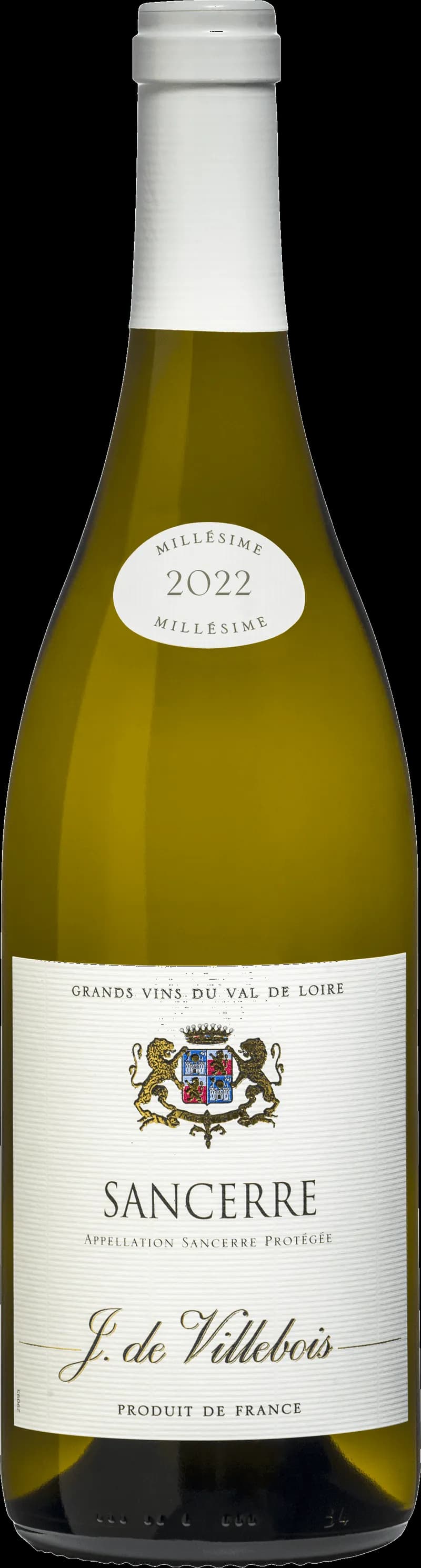 Flaska av J. de Villebois vitt vin mot ljus bakgrund.