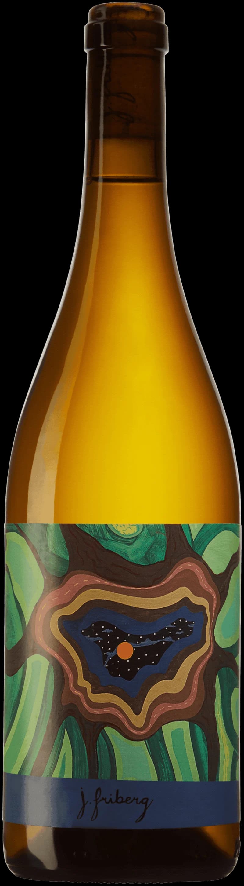 Flaska av J. Fribergs Fjälltopp vitt vin mot en neutral bakgrund.