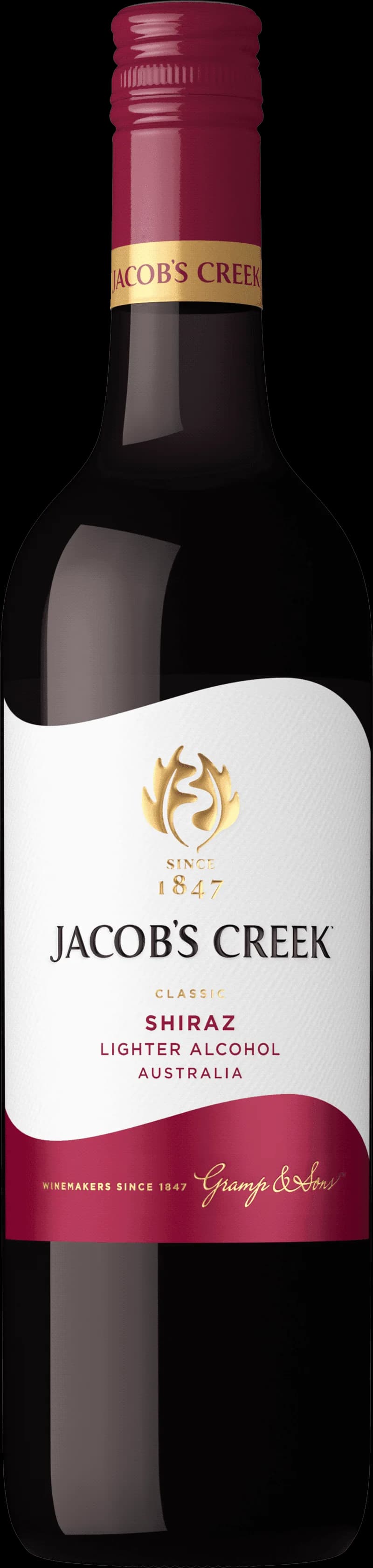 Flaska av Jacob's Creek rött vin med lägre alkoholhalt.