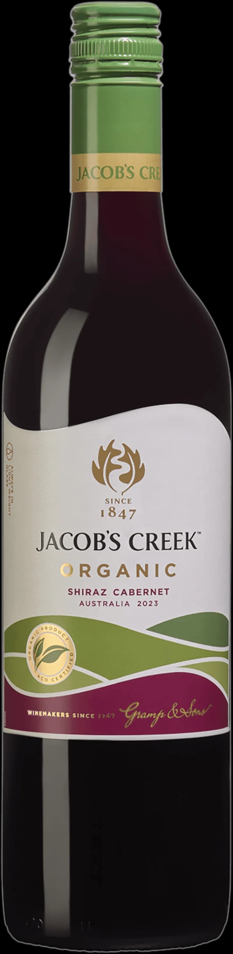 Flaska av Jacob's Creek rött vin från 2019 på en bordsservering.