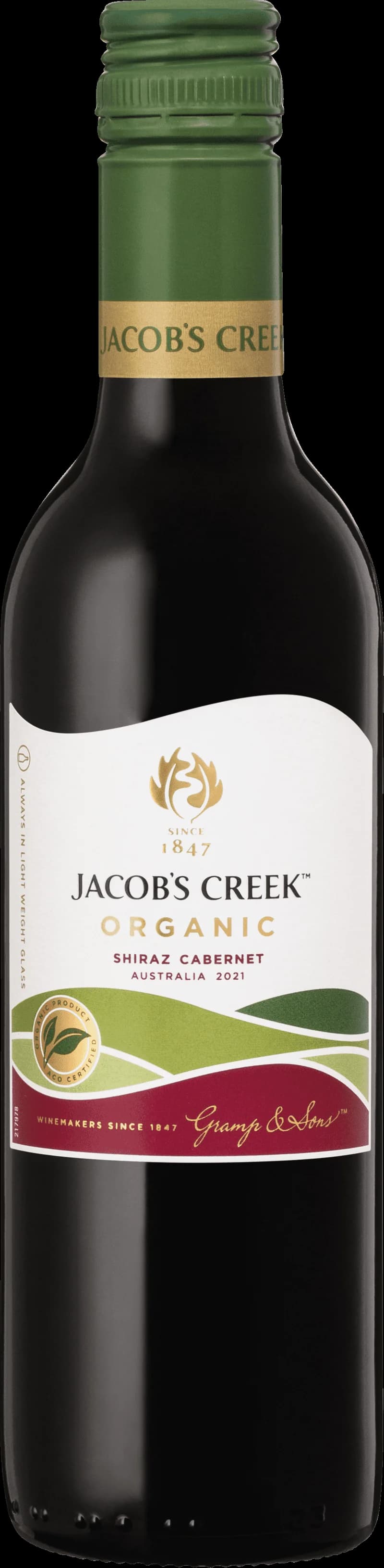 Flaska av Jacob's Creek rött vin mot en mörk bakgrund.
