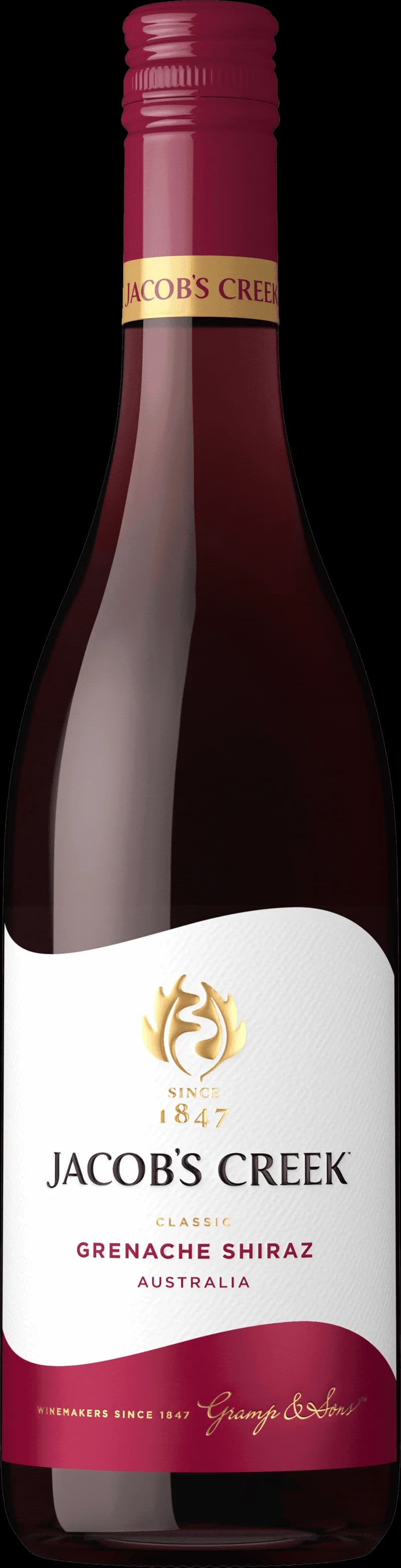 Flaska av Jacob's Creek rött vin på en bordsservering.