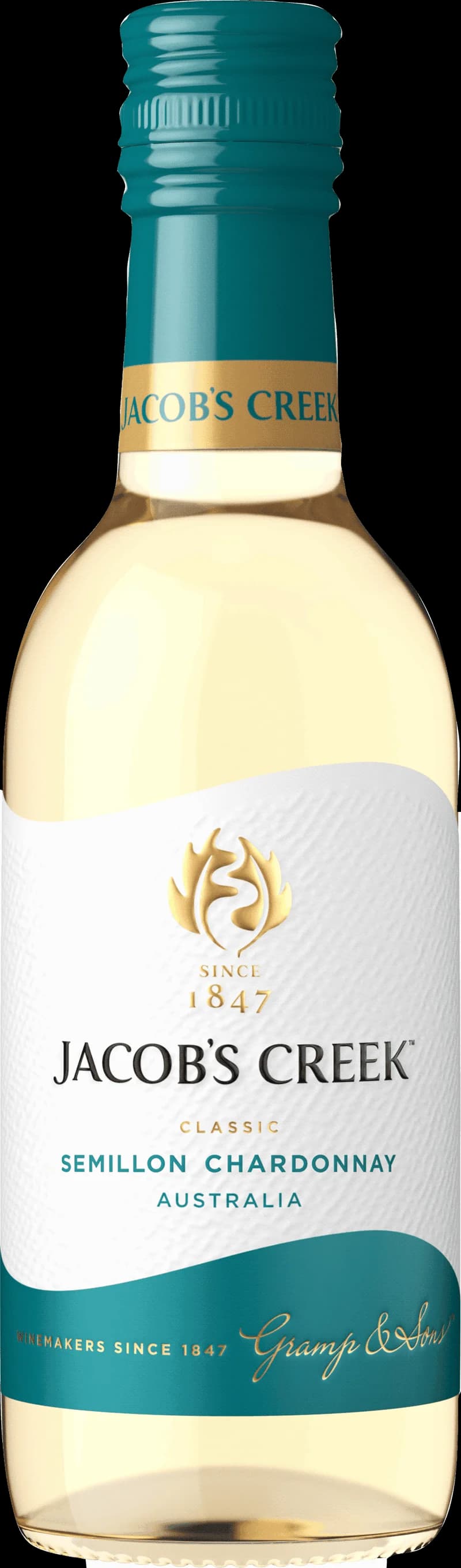 Flaska av Jacob's Creek vitt vin mot ljus bakgrund