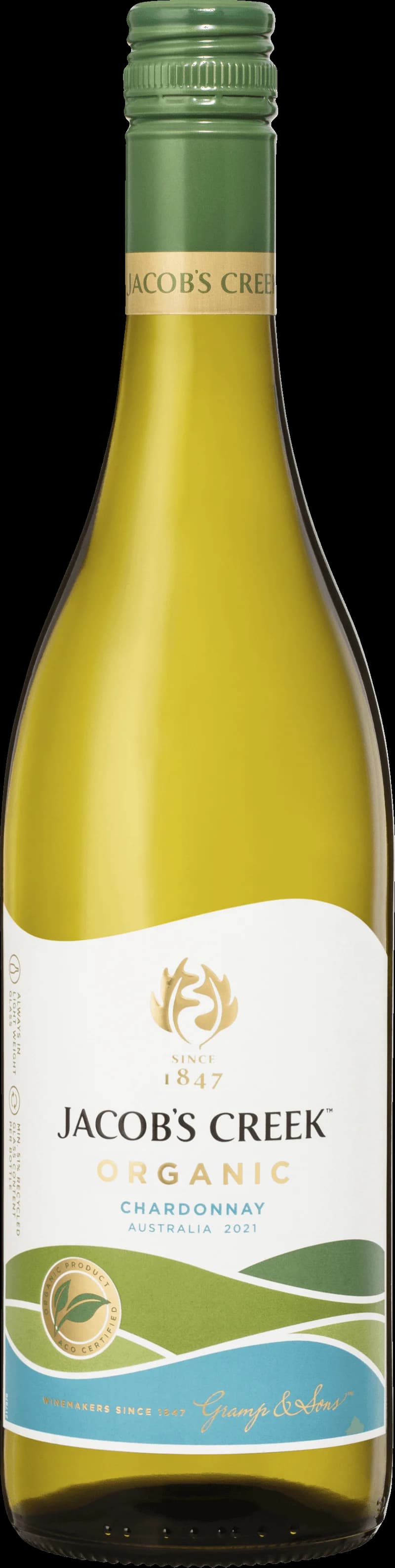Flaska av Jacob's Creek vitt vin mot ljus bakgrund