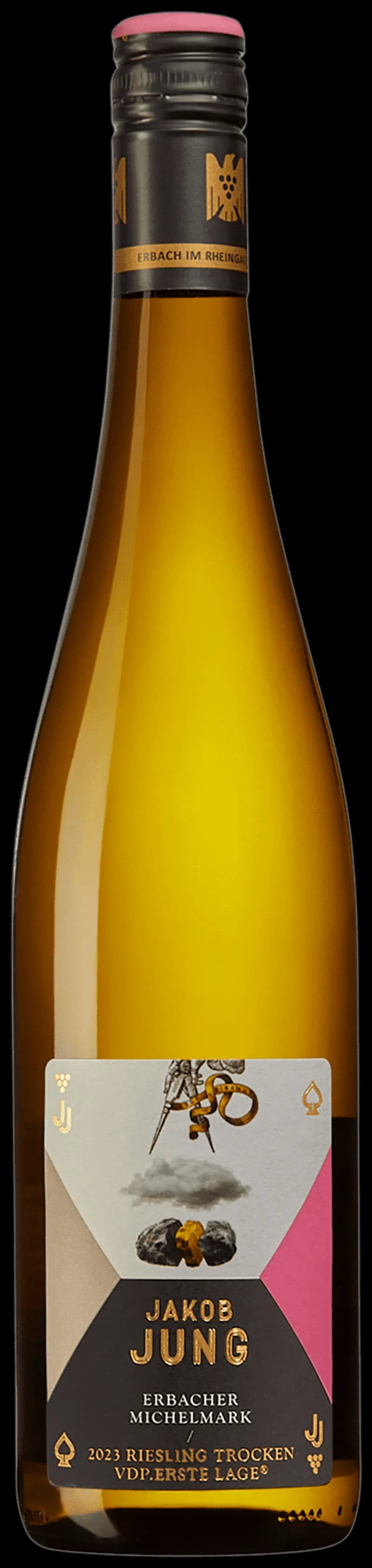 Flaska av vitt vin från Jakob Jung, etikett med text och design.