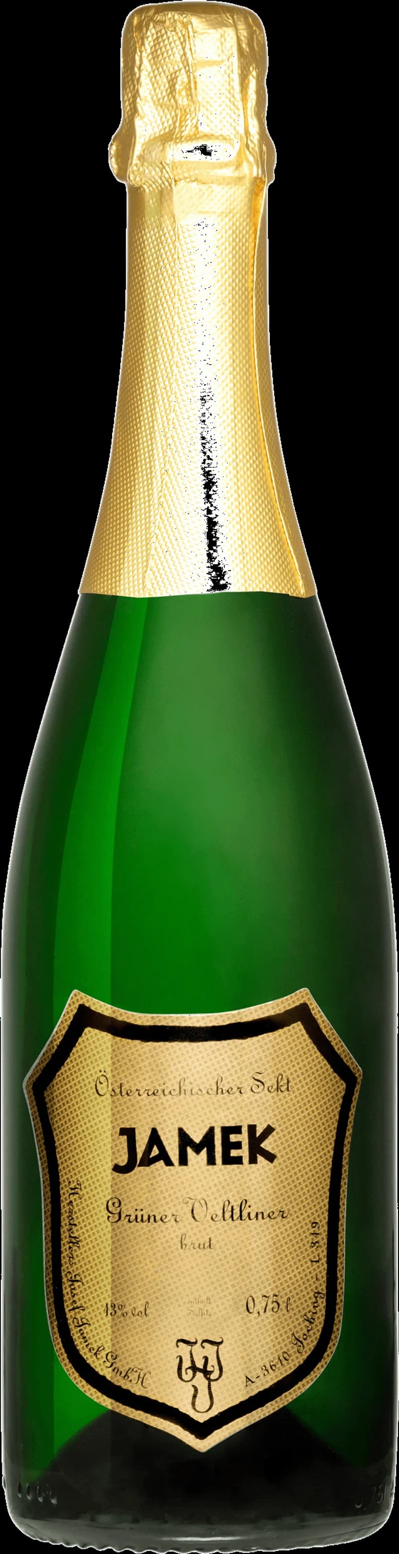 Flaska med Jamek sekt mousserande vin mot en mörk bakgrund.