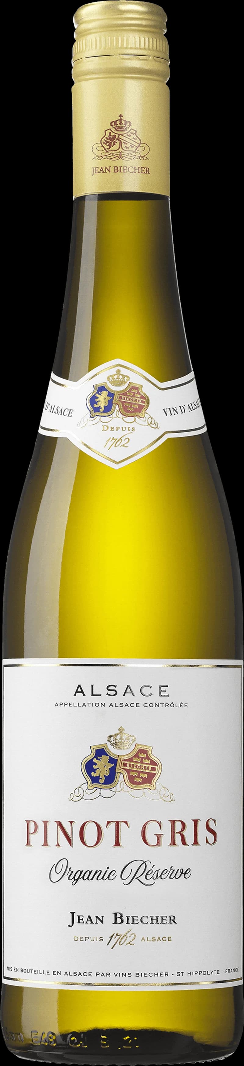 Flaska av Jean Biecher Pinot Gris vitt vin mot neutral bakgrund.