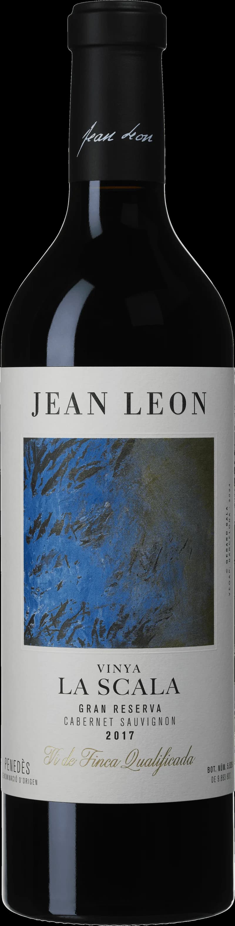 Flaska med Jean Leon Rott vin mot en mörk bakgrund