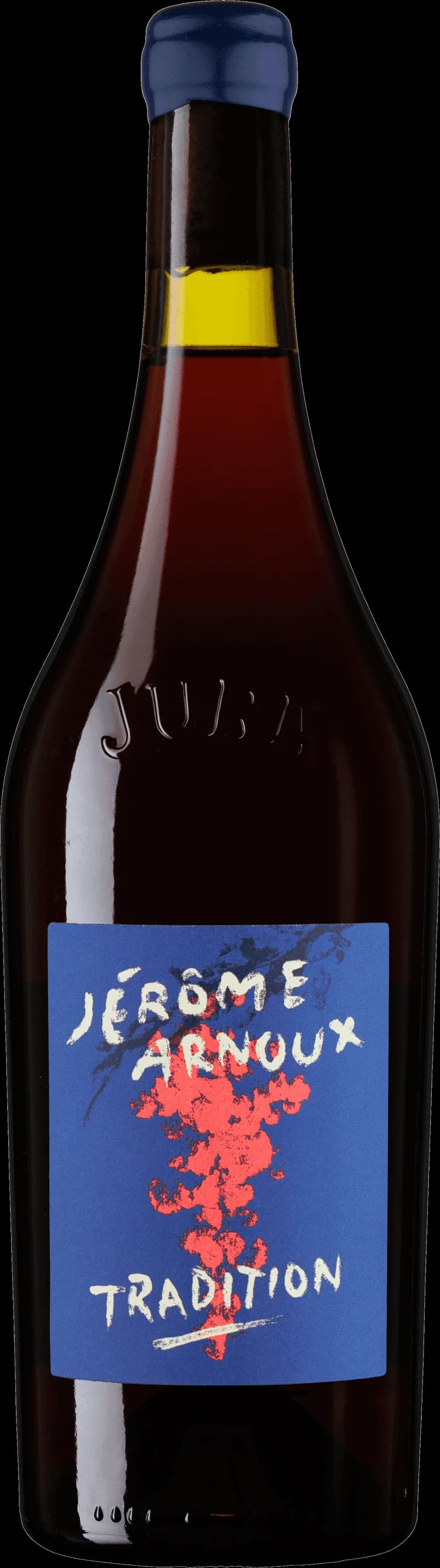 Flaska rött vin från Jerôme Arnoux på en bordsservering.