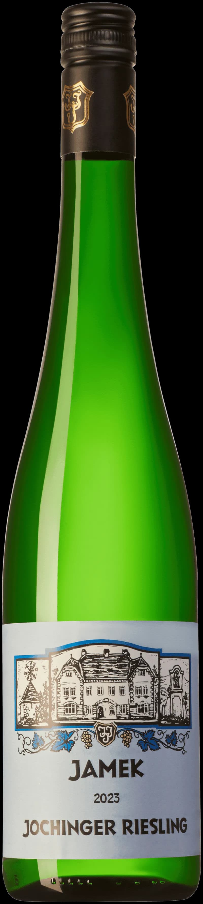 Flaska Jochinger Riesling vitt vin mot ljus bakgrund