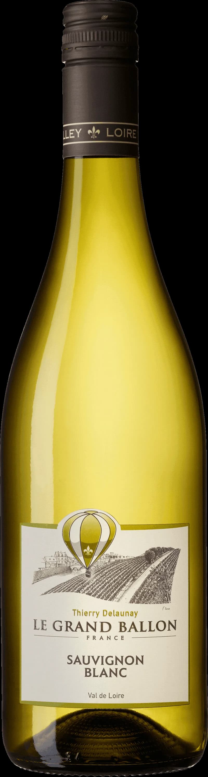 Flaska av Joël Delaunay Le Grand Ballon vitt vin mot ljus bakgrund.