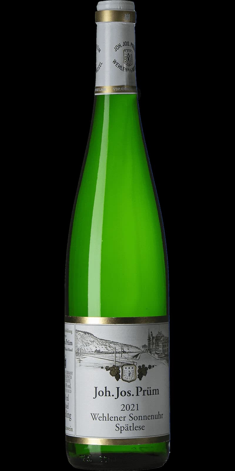 Flaska av vitt vin från Joh. Jos. Prüm på vit bakgrund