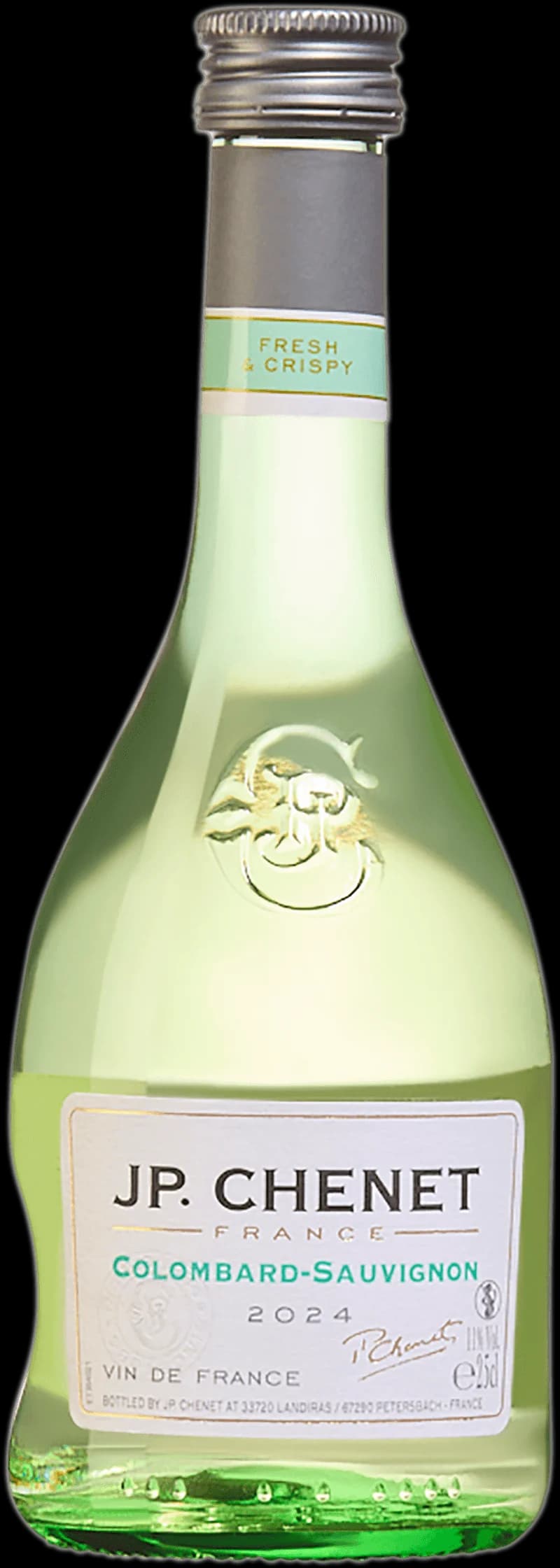 Flaska av vitt vin från JP Chenet på vit bakgrund