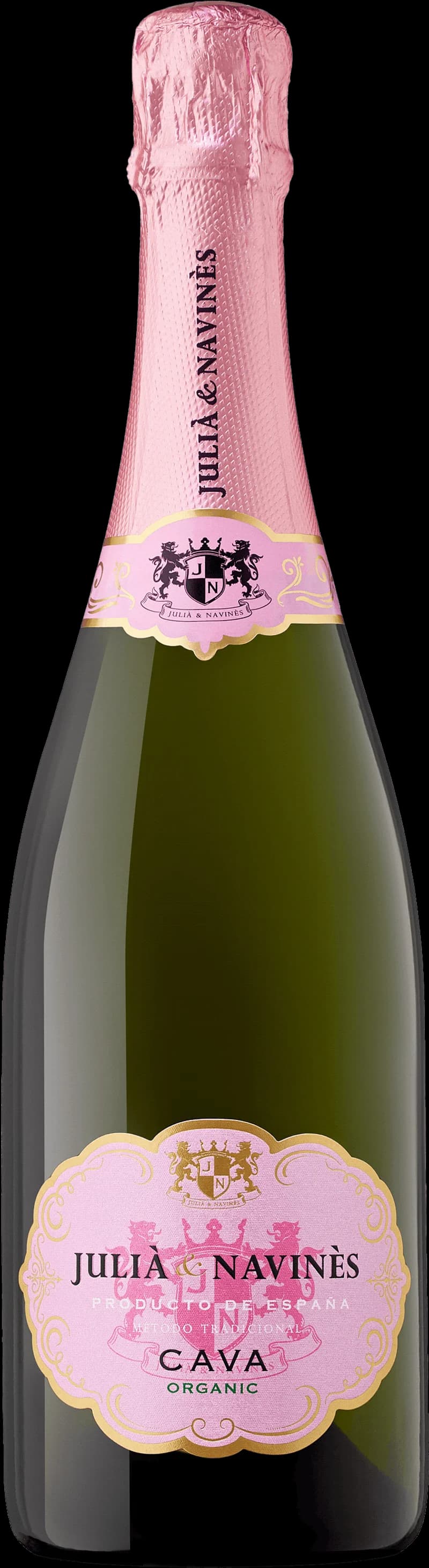 Flaska och glas med Juli Navin's Cava Organic, ett ekologiskt mousserande vin.